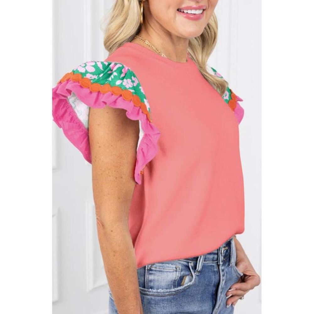 Everyday the Label Ruffled Round Neck Cap Sleeve Top Women Burnt Coral T-Shirts - Picture 5 of 5